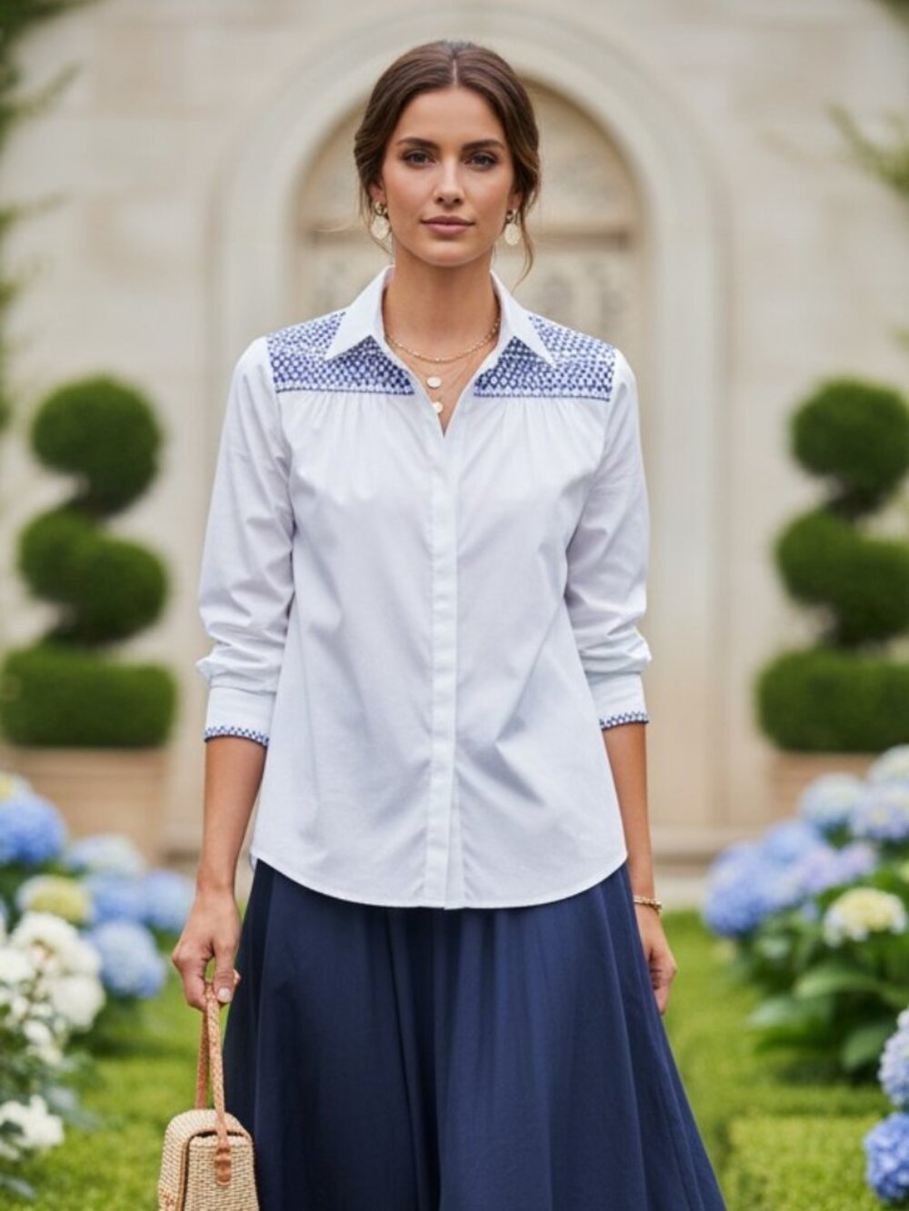 Tuckernuck Marlowe Blouse White Blue Smocked Long Sleeve Button Down NWT XS